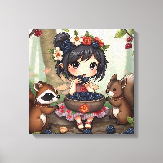 Chibi-Fee isst Brombeeren mit Waldtieren Leinwanddruck (Vorderseite)