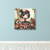 Chibi-Fee isst Brombeeren mit Waldtieren Leinwanddruck (Insitu (Holzboden))