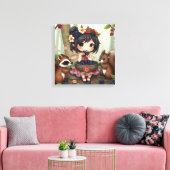 Chibi-Fee isst Brombeeren mit Waldtieren Leinwanddruck (Insitu (Wohnzimmer))