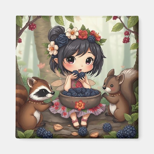 Chibi-Fee isst Brombeeren mit Waldtieren Magnet (Vorne)
