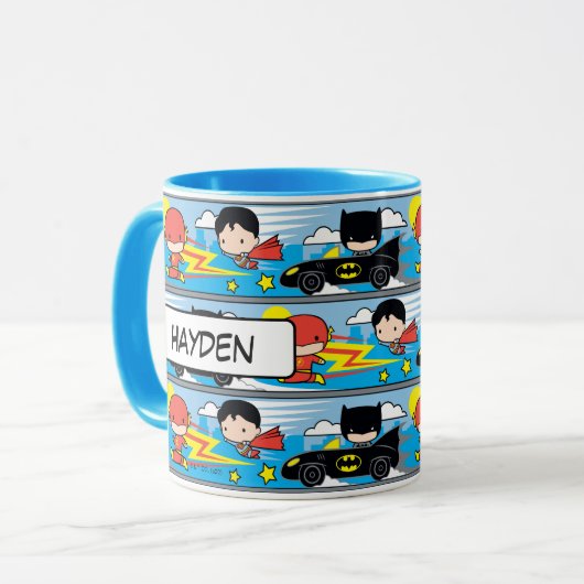 Chibi Flash, Superman, and Batman Racing Pattern Tasse (Vorderseite Links)
