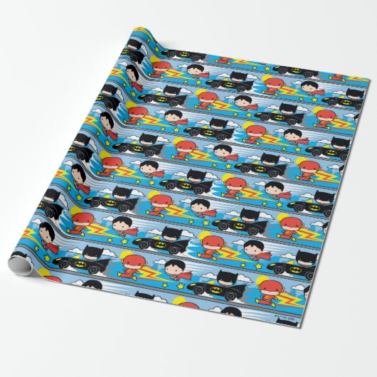 Chibi Flash, Superman und Batman Racing Pattern Geschenkpapier (Ungerollt)
