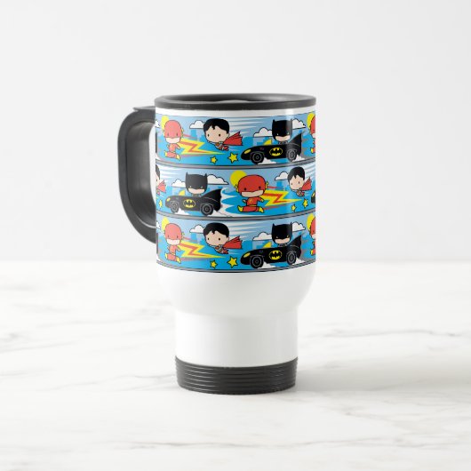Chibi Flash, Superman und Batman Racing Pattern Reisebecher (Vorderseite Links)