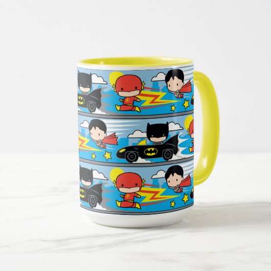 Chibi Flash, Superman und Batman Racing Pattern Tasse (VorderseiteRechts)
