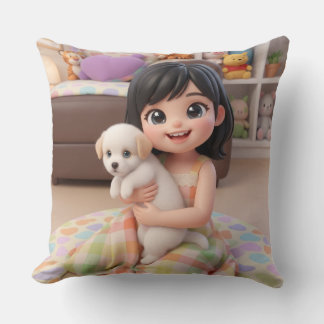 Chibi Girl Hugging White Puppy Dog Throw Pillow Kissen