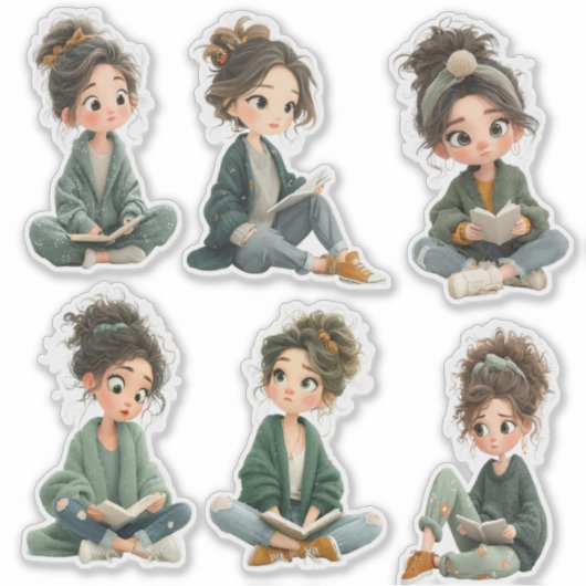 Chibi Girl Reading Sticker Sheet (Vorderseite)