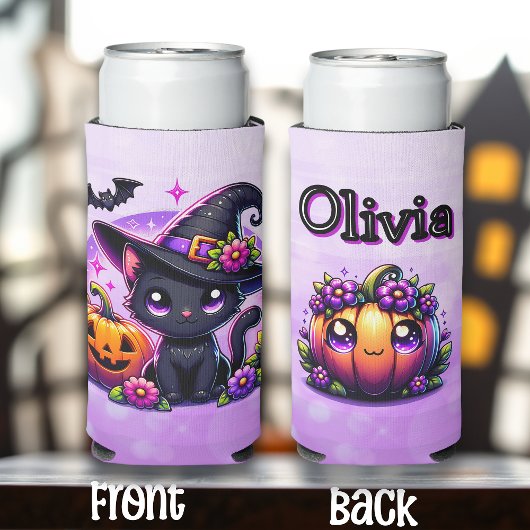 Chibi Halloween Black Cat und Pumpkin Personalisie Selters Dosenkühler