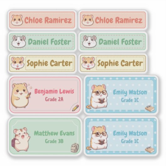Chibi Hamster Name Labels - Pastel School Stickers (Vorderseite)