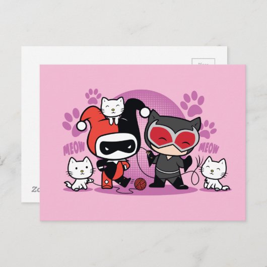 Chibi Harley Quinn & Chibi Catwoman mit Katzen Postkarte (Vorne/Hinten)
