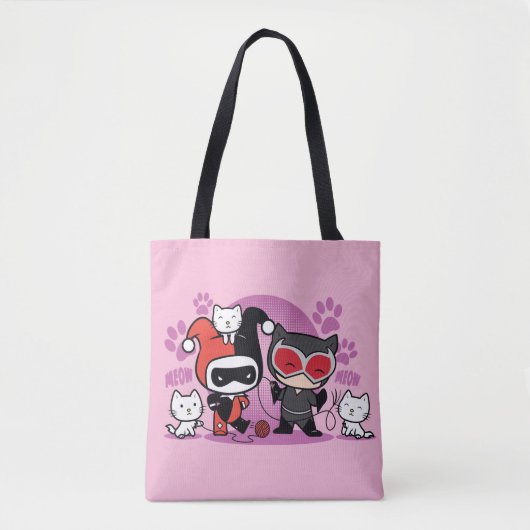 Chibi Harley Quinn & Chibi Catwoman mit Katzen Tasche (Vorderseite)