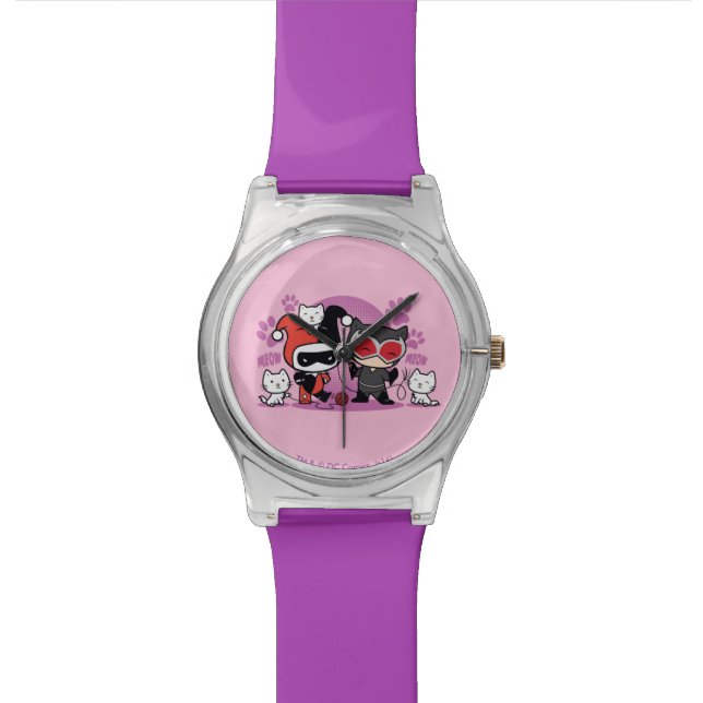 Chibi Harley Quinn & Chibi Catwoman mit Katzen Uhr (Nahaufnahme)