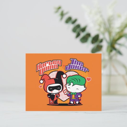 Chibi Harley Quinn & Chibi Joker Hearts Postkarte (Stehend Vorderseite)