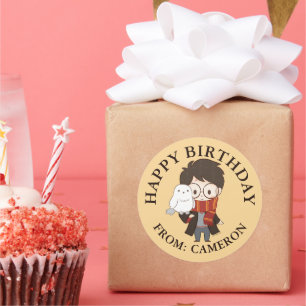 Chibi HARRY POTTER™ & Hedwig   Happy Birthday Runder Aufkleber