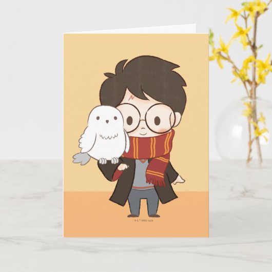 Chibi HARRY POTTER™ & Hedwig Karte (Gelbe Blume)