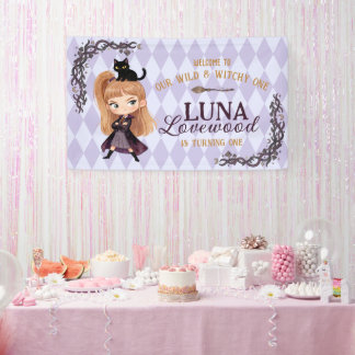 Chibi-Hexe Eins 1. Geburtstagseinladung Aquarell Banner