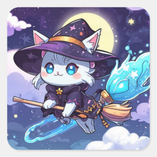 Chibi-Hexenkatze fliegt am Sternenhimmel – Kawaii  Quadratischer Aufkleber