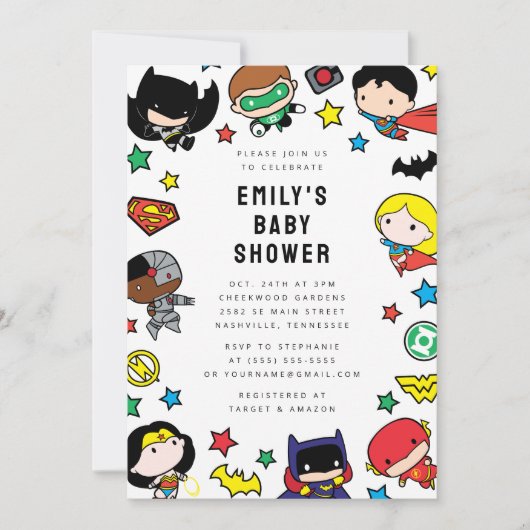 Chibi Justice League Baby Shower Einladung (Vorderseite)
