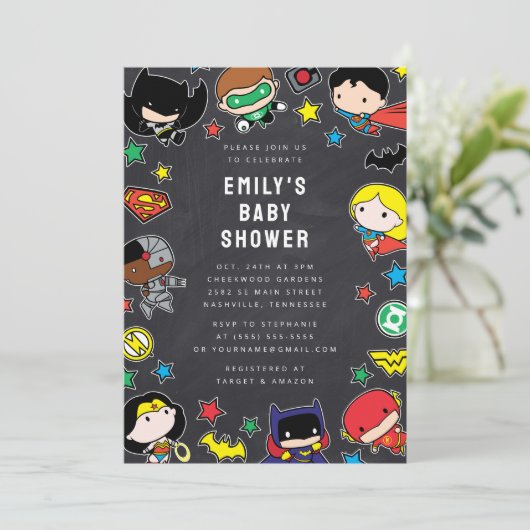 Chibi Justice League Chalkboard Baby Dusche Einladung (Stehend Vorderseite)