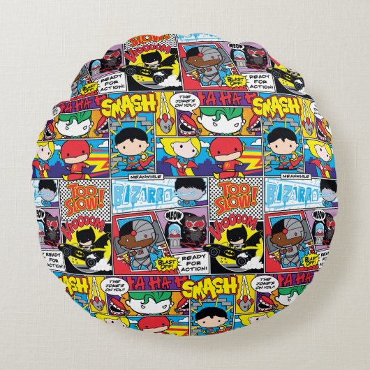 Chibi Justice League Comic Book Pattern Rundes Kissen (Vorderseite)