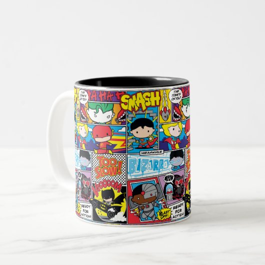 Chibi Justice League Comic Book Pattern Zweifarbige Tasse (Vorderseite Links)