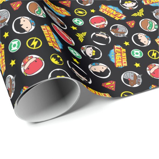 Chibi Justice League Heroes and Logos Pattern Geschenkpapier (Rolleneckpunkt)