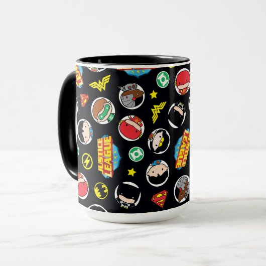 Chibi Justice League Heroes and Logos Pattern Tasse (Vorderseite Links)