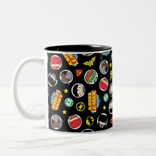 Chibi Justice League Heroes and Logos Pattern Zweifarbige Tasse (Links)