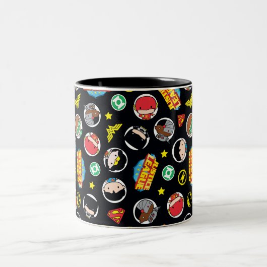 Chibi Justice League Heroes and Logos Pattern Zweifarbige Tasse (Mittel)