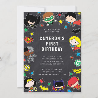 Chibi Justice League Kids Chalkboard Geburtstag Einladung