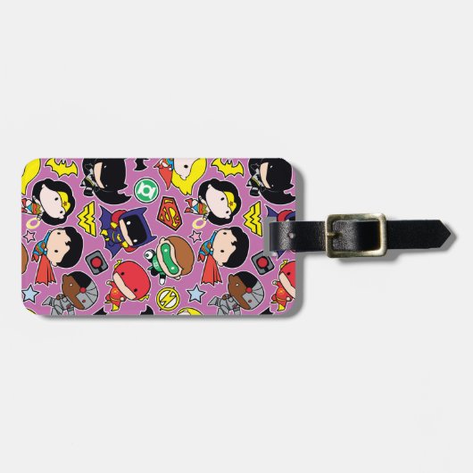 Chibi Justice League Pattern auf Lila Gepäckanhänger (Vorderseite horizontal)
