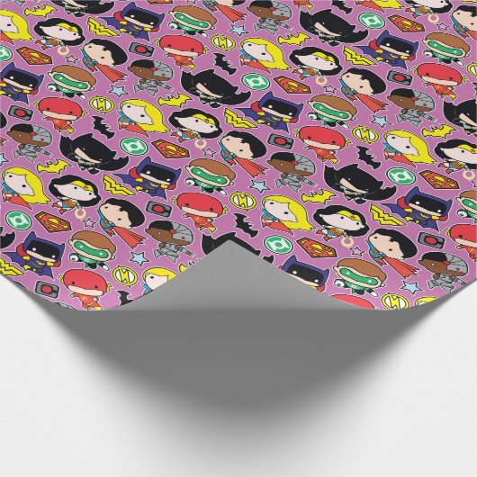 Chibi Justice League Pattern auf Lila Geschenkpapier (Ecke)