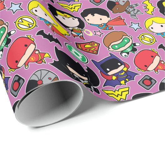 Chibi Justice League Pattern auf Lila Geschenkpapier (Rolleneckpunkt)