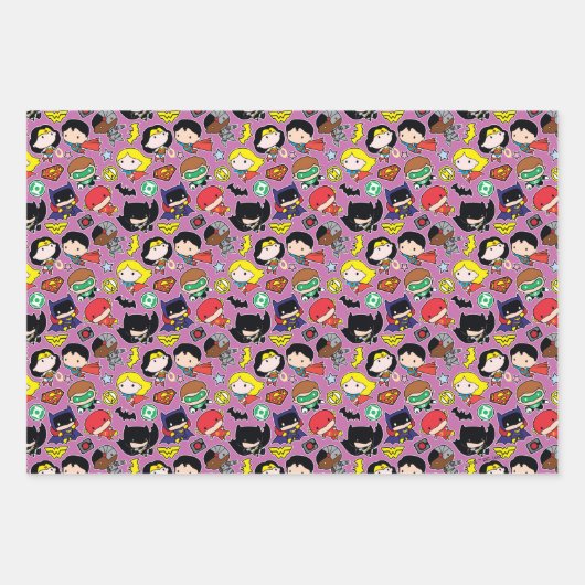 Chibi Justice League Pattern auf Lila Geschenkpapier Set (Vorderseite 2)