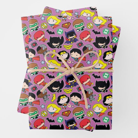 Chibi Justice League Pattern auf Lila Geschenkpapier Set (Beispiel)