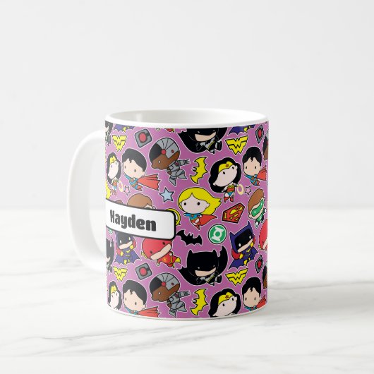 Chibi Justice League Pattern auf Lila Kaffeetasse (Vorderseite Links)
