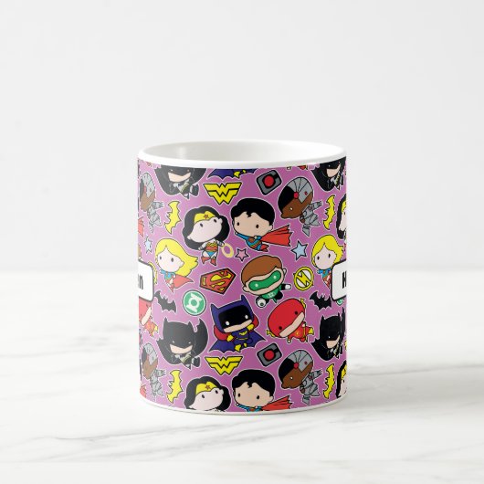Chibi Justice League Pattern auf Lila Kaffeetasse (Mittel)