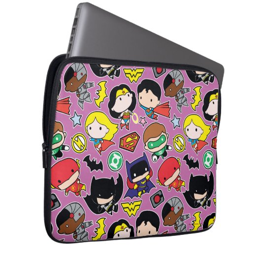 Chibi Justice League Pattern auf Lila Laptopschutzhülle (Vorne Rechts)