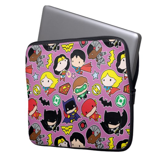 Chibi Justice League Pattern auf Lila Laptopschutzhülle (Vorderseite Links)
