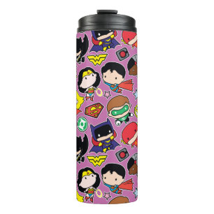 Chibi Justice League Pattern auf Lila Thermosbecher