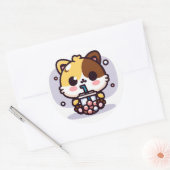 Chibi Kawaii Cat Drinking Bubble Tee Klassische Ru Runder Aufkleber (Umschlag)