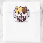 Chibi Kawaii Cat Drinking Bubble Tee Klassische Ru Runder Aufkleber (Tasche)