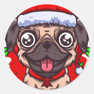Chibi Kawaii Dog Mops Weihnachtsaufkleber Runder Aufkleber