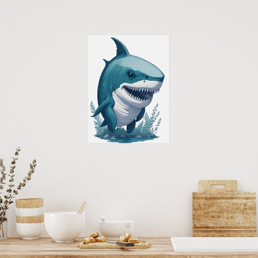 Chibi Kawaii Shark im Wasserfarbenstil Poster (Küche)