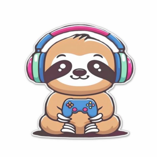 Chibi Kawaii Sloth Gamer � Cute Funny Animal with Aufkleber (Vorderseite)