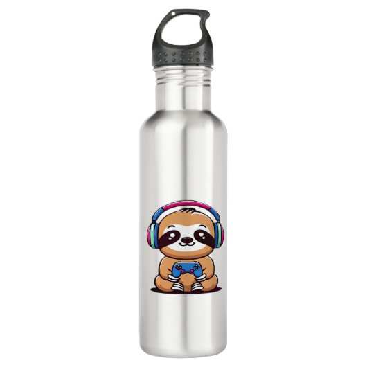 Chibi Kawaii Sloth Gamer - Niedliches Sonnentier m Edelstahlflasche (Vorderseite)