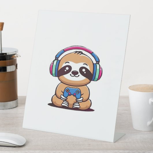 Chibi Kawaii Sloth Gamer - Niedliches Sonnentier m Sockelschild (In Situ)