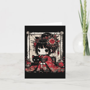 Chibi Kimono Girl Black Cat Blume Japanisch Art W Karte