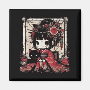 Chibi Kimono Girl Black Cat Blume Japanisch Art W Magnet