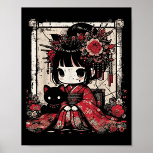 Chibi Kimono Girl Black Cat Blume Japanisch Art W Poster