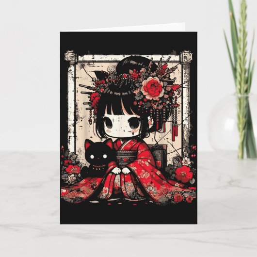 Chibi Kimono Girl Black Cat Flowers Japanese Art W Karte (Vorderseite)